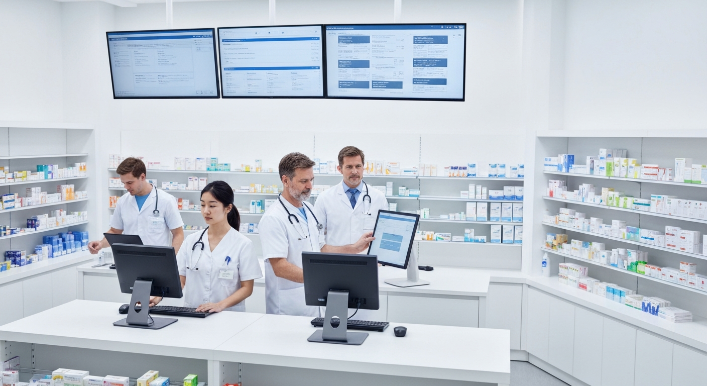 Team farmacia che lavora con sistema digitale