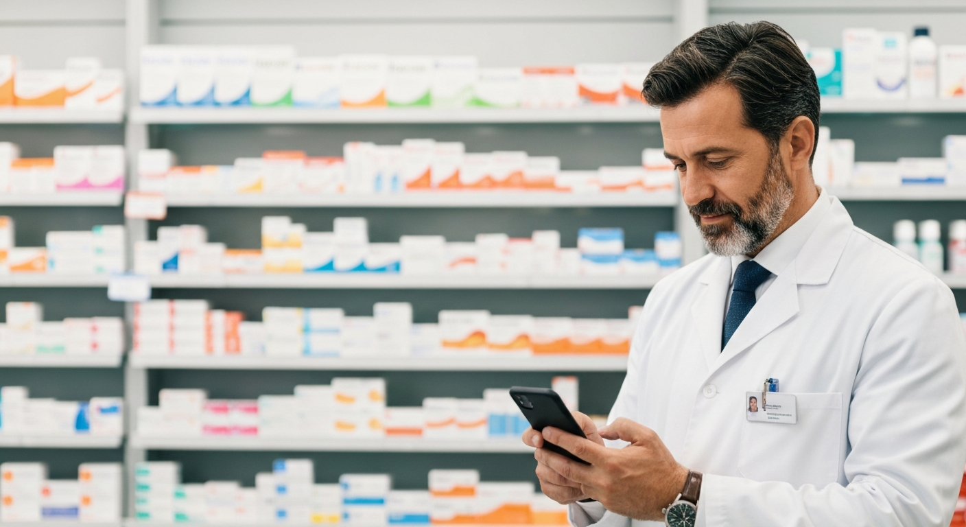 Farmacista che invia messaggi WhatsApp