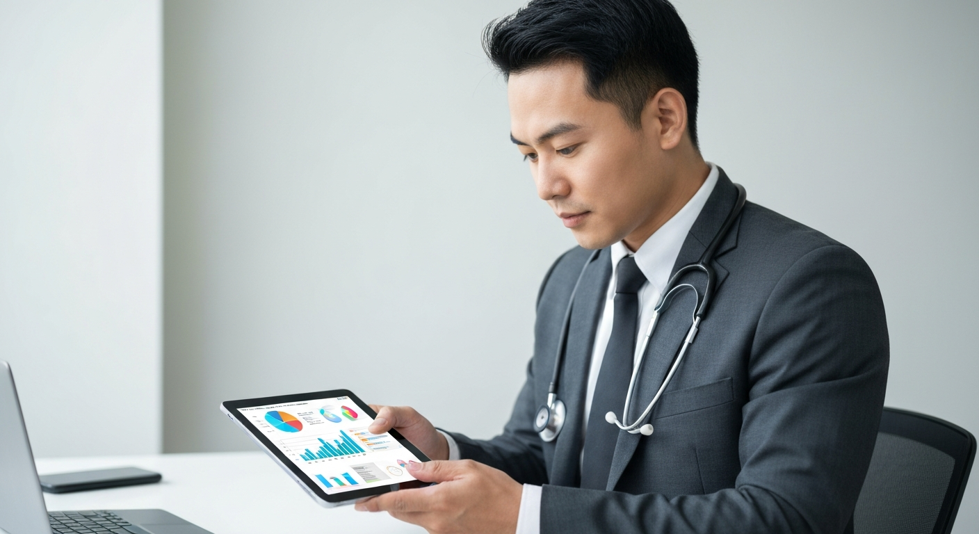 Titolare farmacia che guarda le metriche