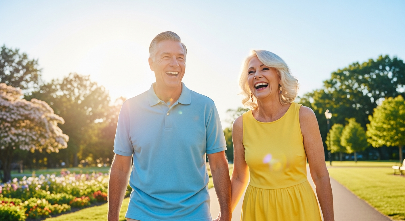 Happy senior couple laughing in a park
