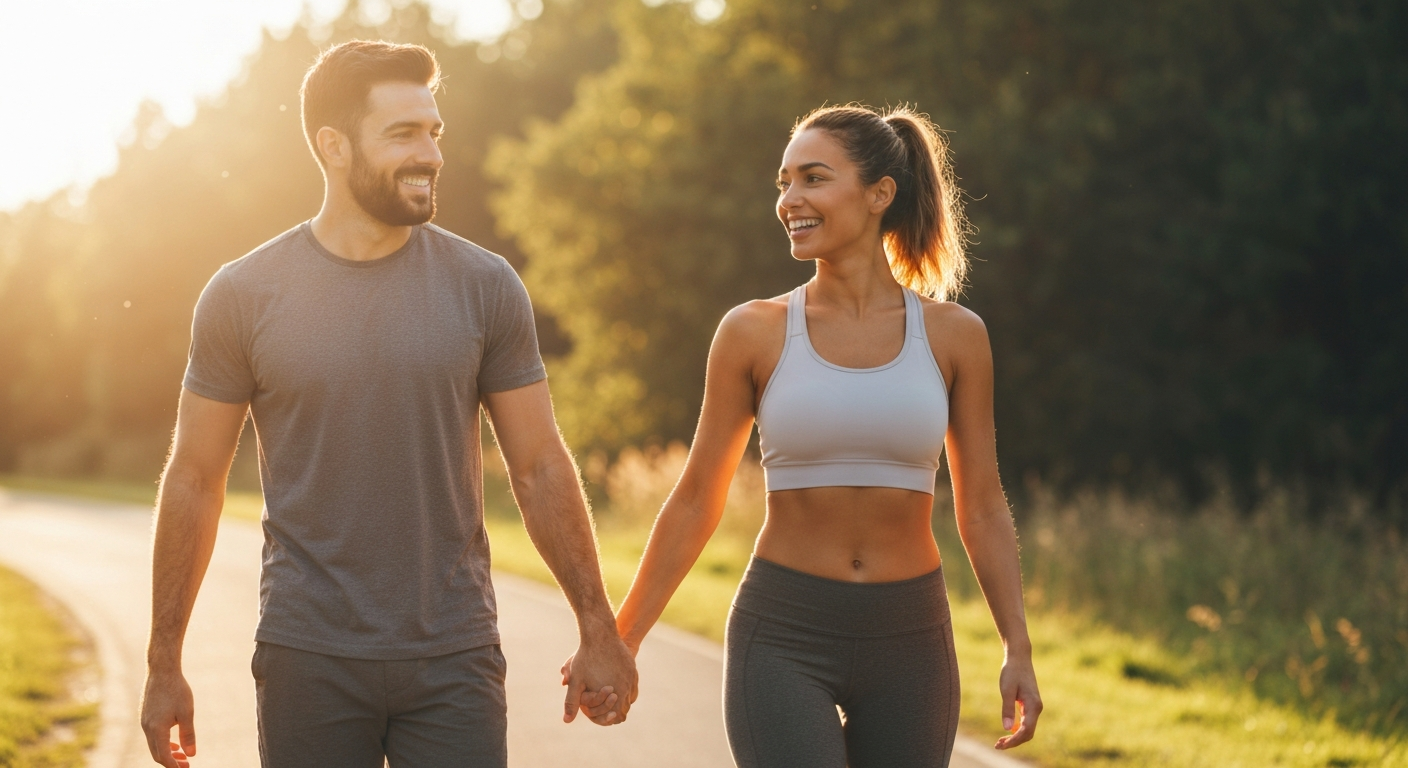 Healthy confident couple walking