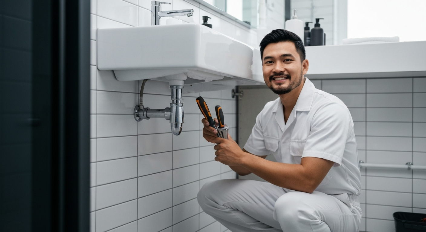 Professional plumber fixing a sink