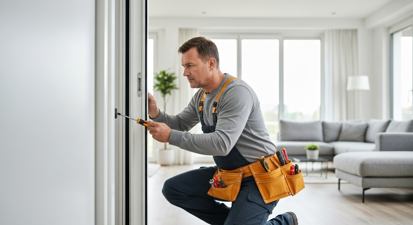 Professional handyman fixing a door