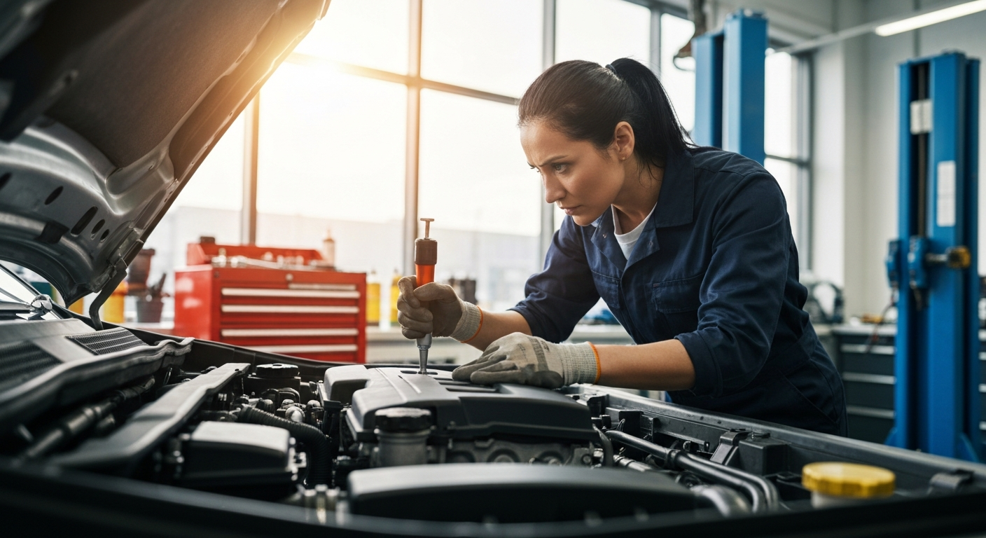 Professional auto mechanic inspecting a car engine