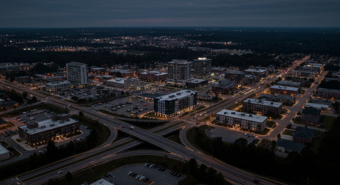 Aerial view of Lawrenceville GA skyline during evening hours