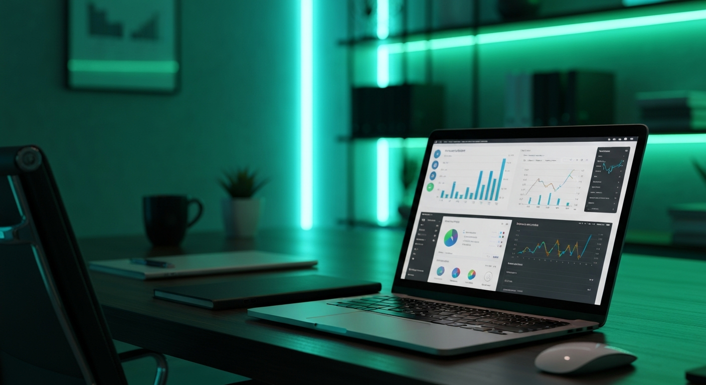 Modern marketing agency workspace with MacBook Pro and analytics dashboards