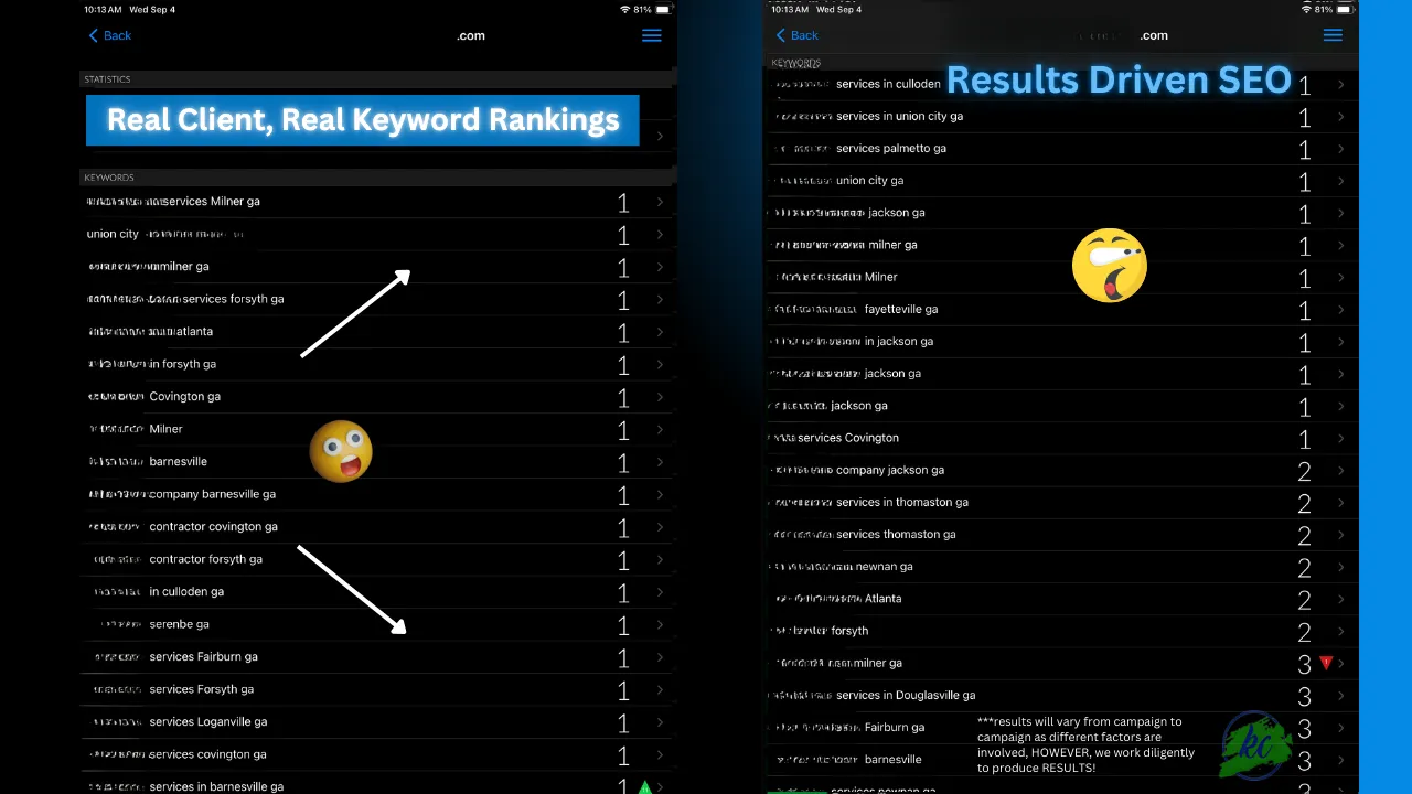 real client keyword rankings local SEO McDonough GA Kingdom Creativez
