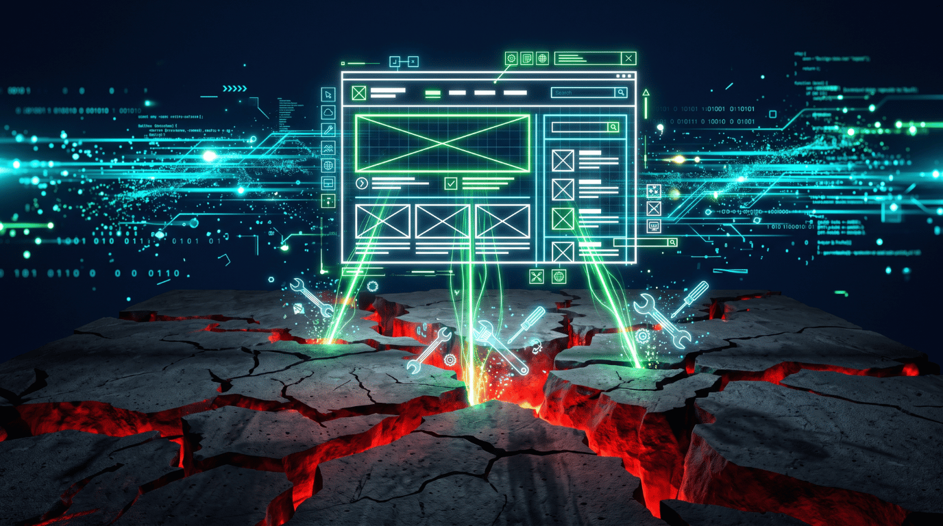 Website wireframe illuminating glowing repairs through cracked digital foundation ground