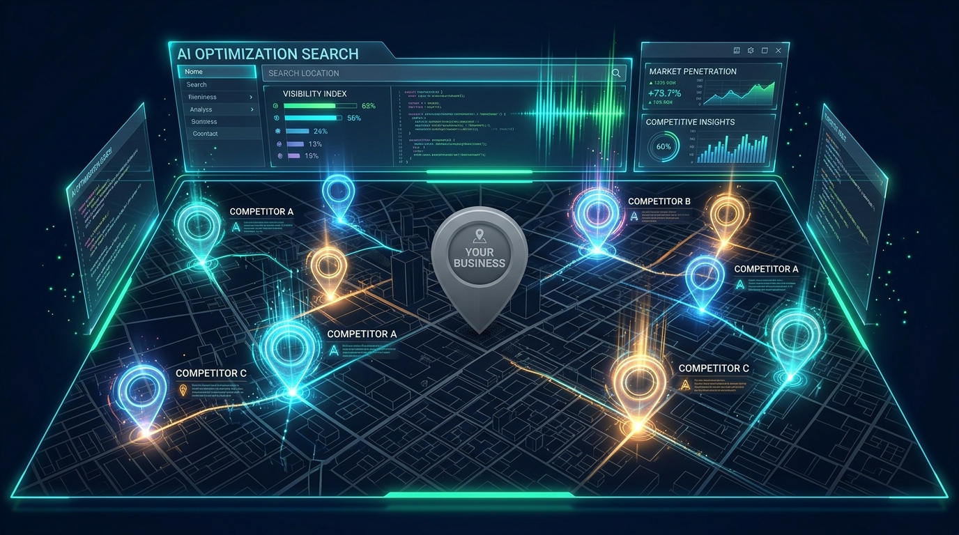 AI search map visualization showing competitors with glowing pins while a central business remains invisible