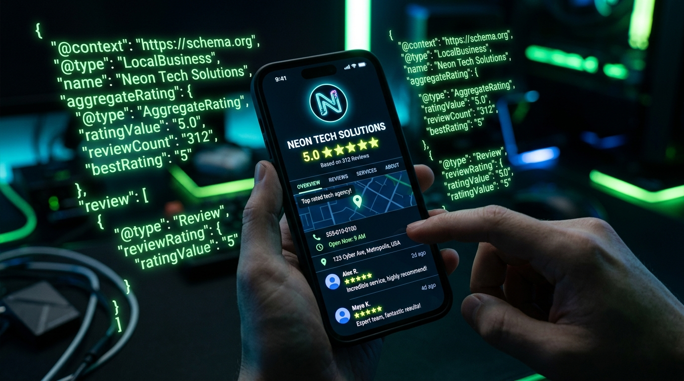 Smartphone screen displaying a Google Business Profile with 5-star reviews and schema markup code overlay