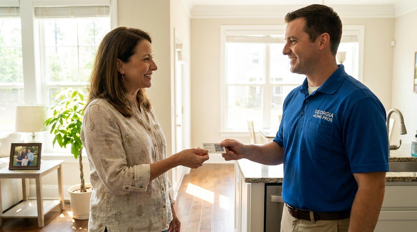 Service professional handing a review QR code card to a happy customer