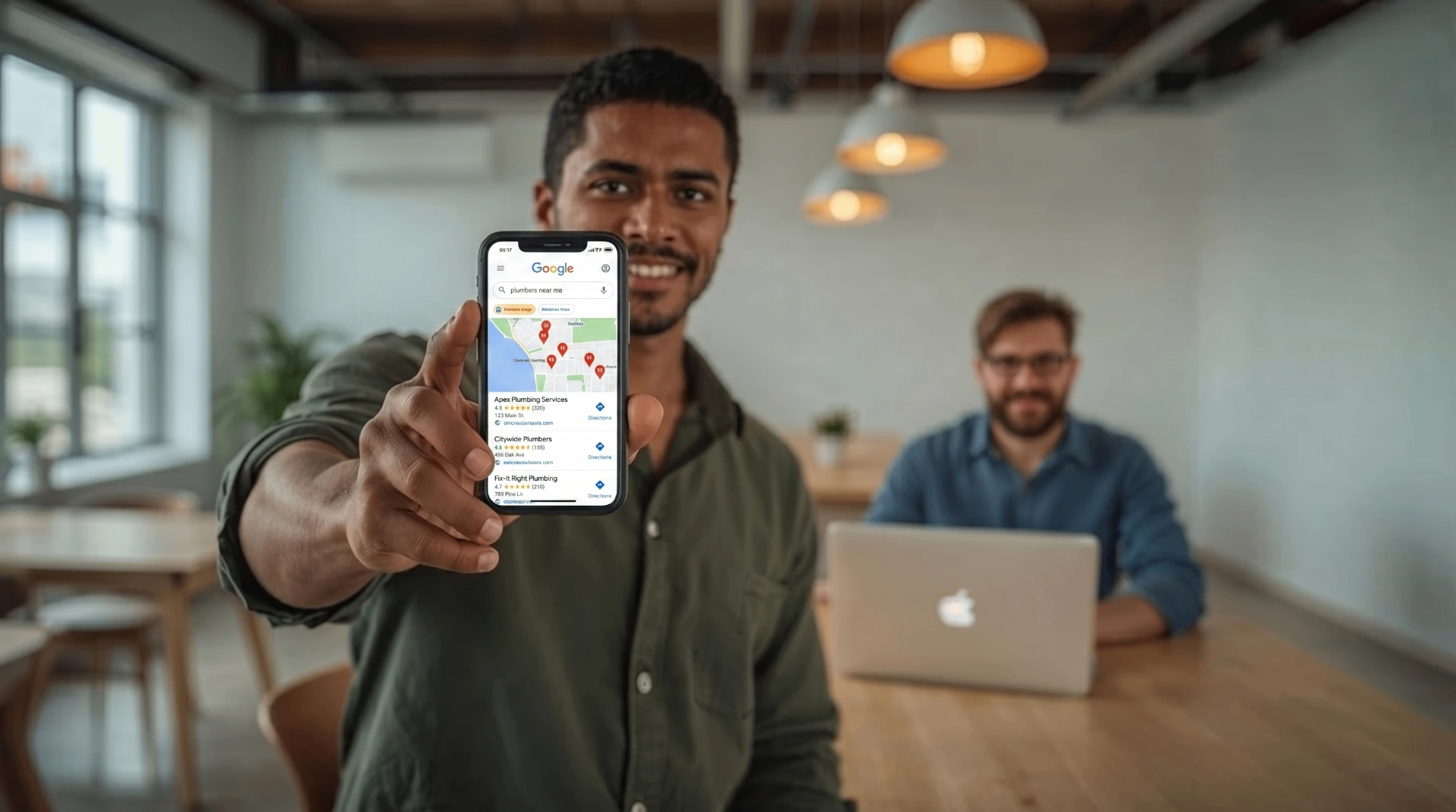 Local SEO expert showing Google Maps business listings on smartphone — Kingdom Creativez Marketing