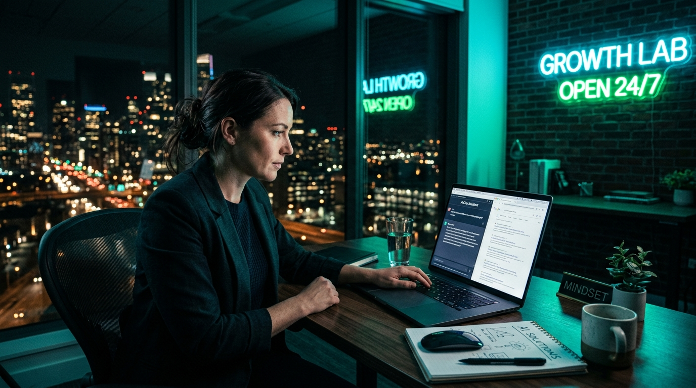 Business professional working on AI search optimization at night with city lights in background