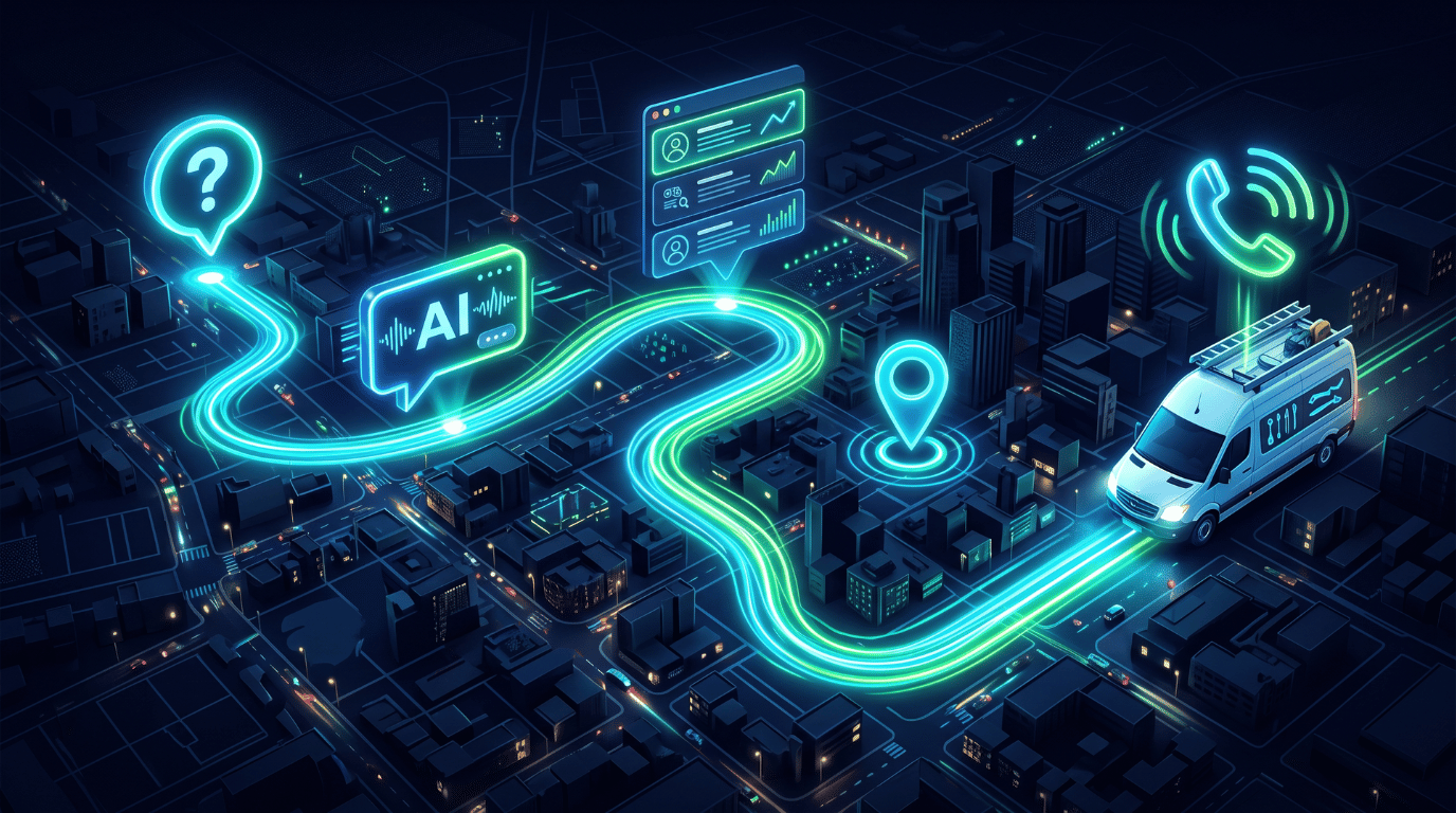 Glowing digital path flowing through city grid connecting user question to AI tool recommendation and service van dispatch