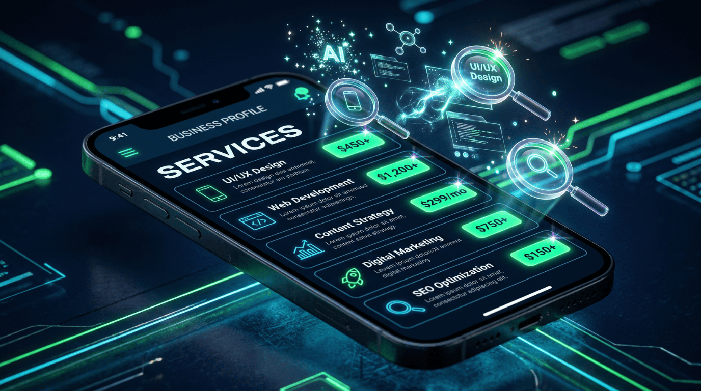 Smartphone showing Business Profile services with clear starting prices highlighted by AI glow