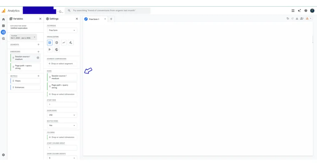 GA4 exploration tab settings showing nested rows configuration for AI traffic analysis