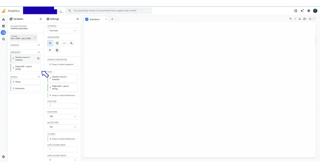 GA4 dimensions selection showing session source_medium and page path options