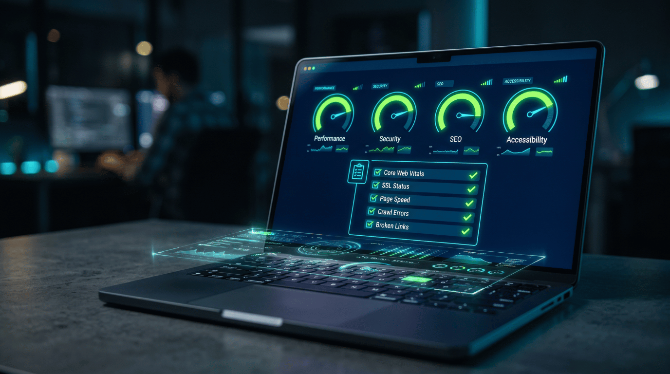Laptop displaying Core Web Vitals, speed gauges, security and SEO diagnostic metrics dashboard
