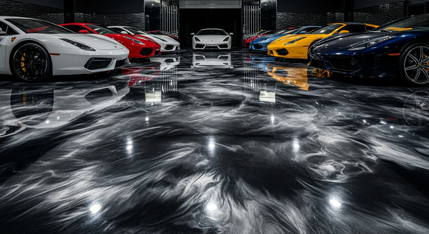 Stunning metallic epoxy floor in a luxury garage