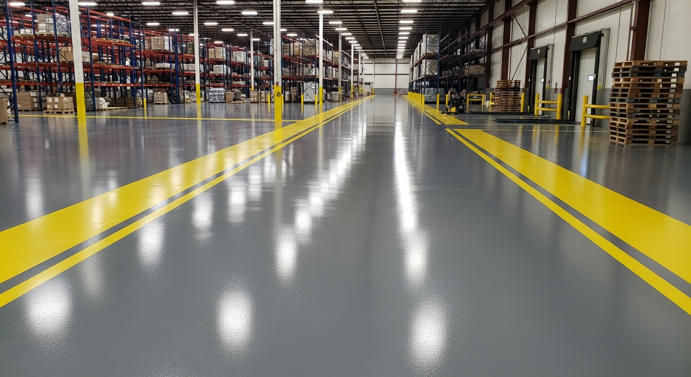 Finished industrial epoxy floor with lane striping