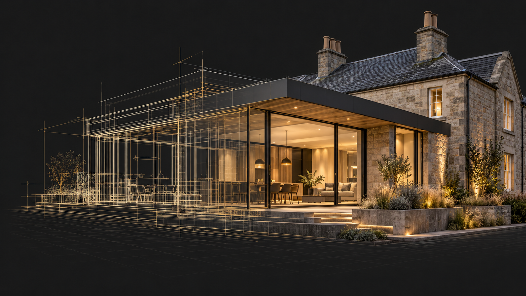 Architectural wireframe transitioning into a modern stone and glass extension