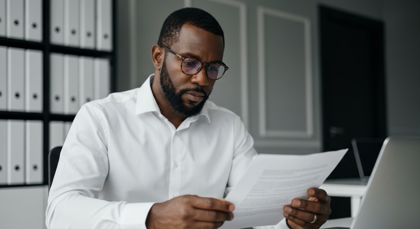 Professional bail bondsman calmly reviewing digital documents in a modern office