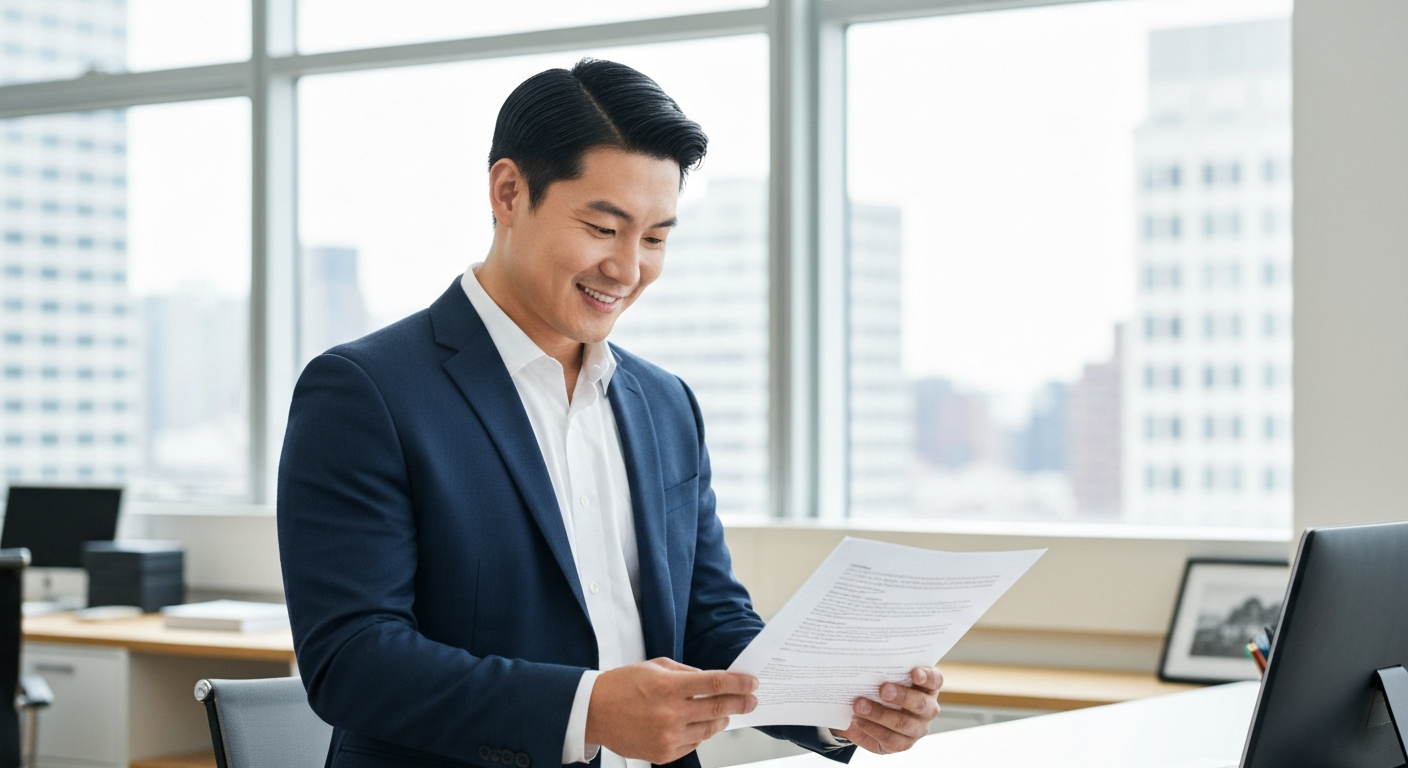 Professional bail bondsman calmly reviewing digital documents in a modern office