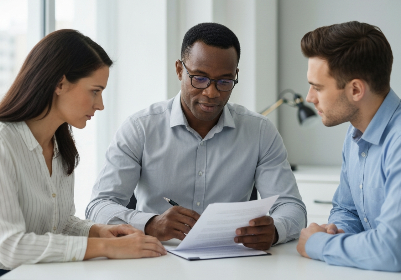 Professional agent providing a clear path forward by explaining documents to a concerned couple