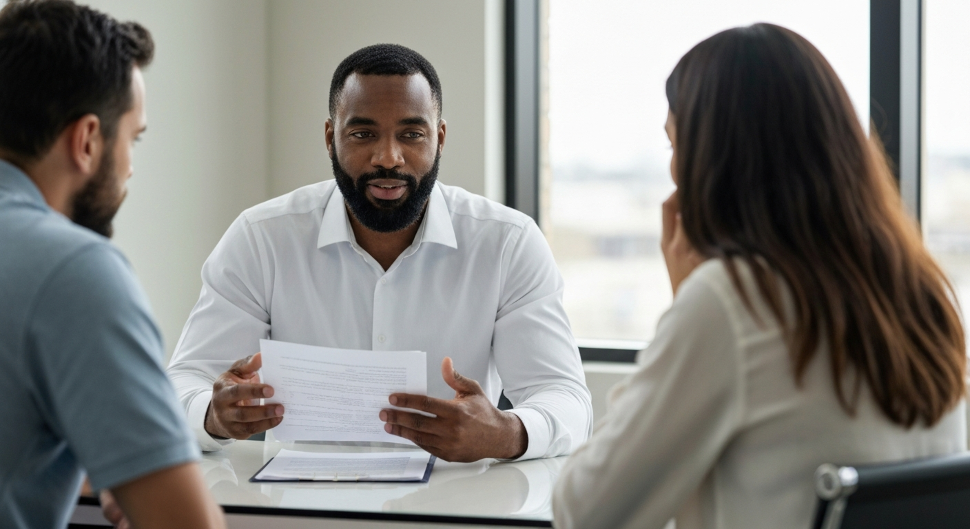 Professional bail bondsman clearly explaining documents to a concerned couple in Spartanburg