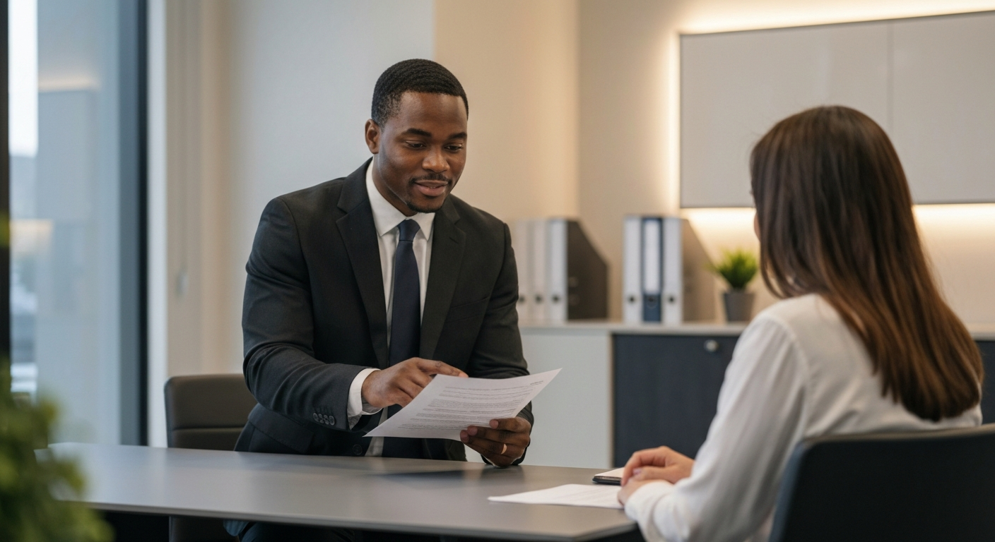 Professional African American bail bondsman calmly explaining documents to a client