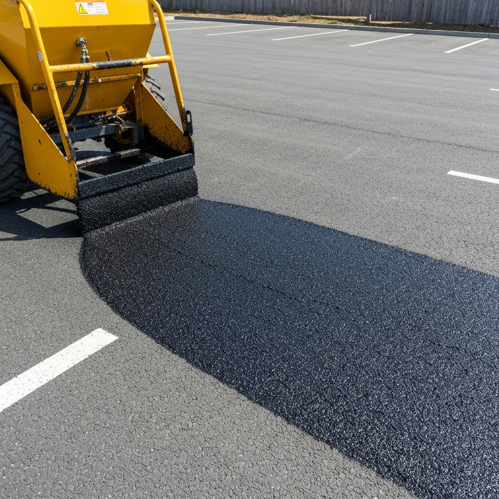 Slurry sealing spreader box application across car park asphalt — Paddway Roadworks