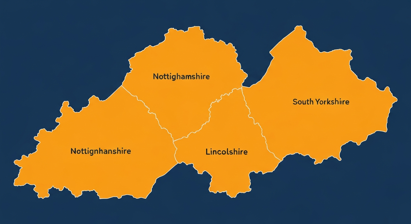 Paddway Roadworks 14-town service area map — Nottinghamshire, Lincolnshire, South Yorkshire and Peterborough