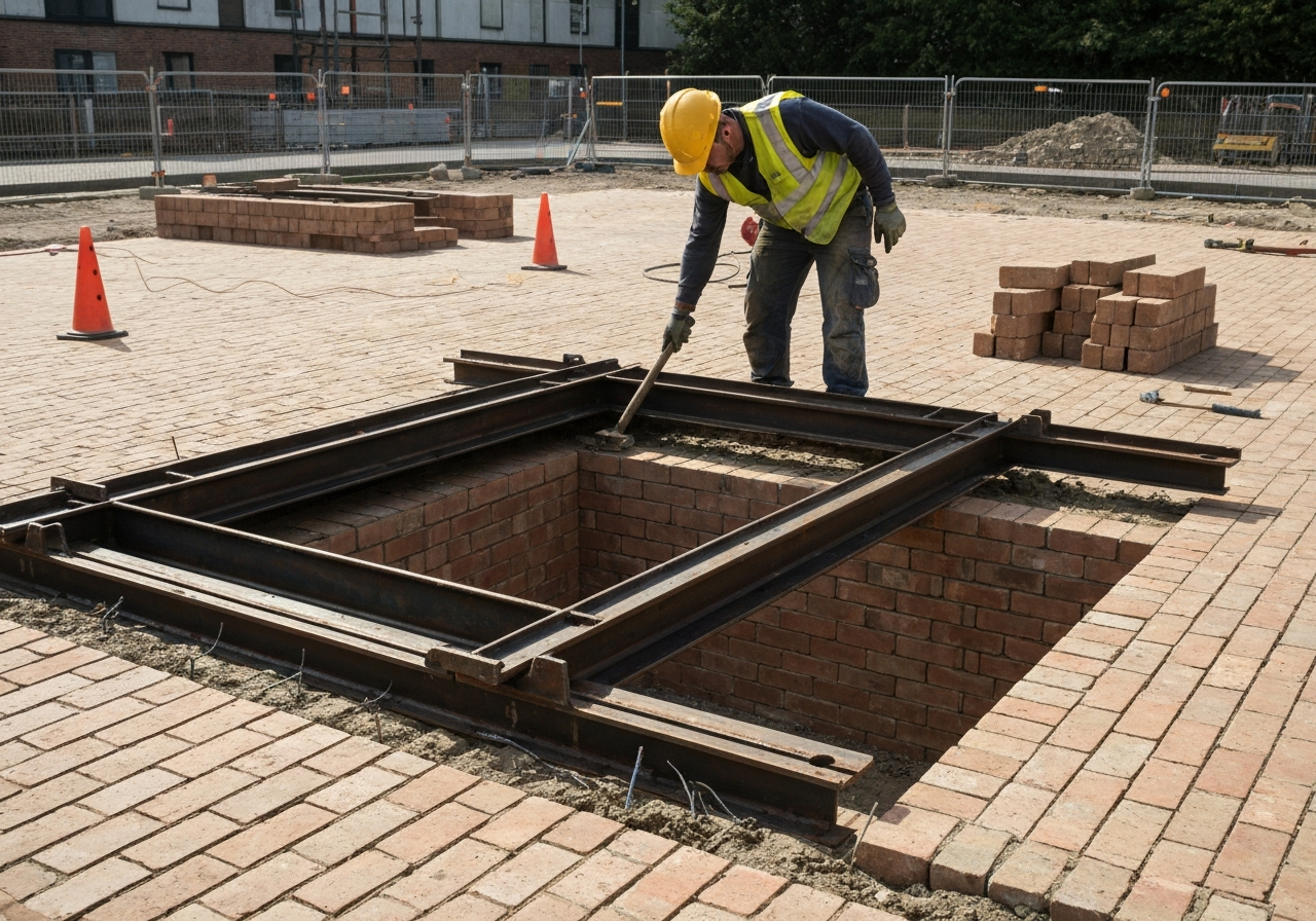Manhole frame re-seating on engineering brick courses during ironwork raising — Paddway Roadworks