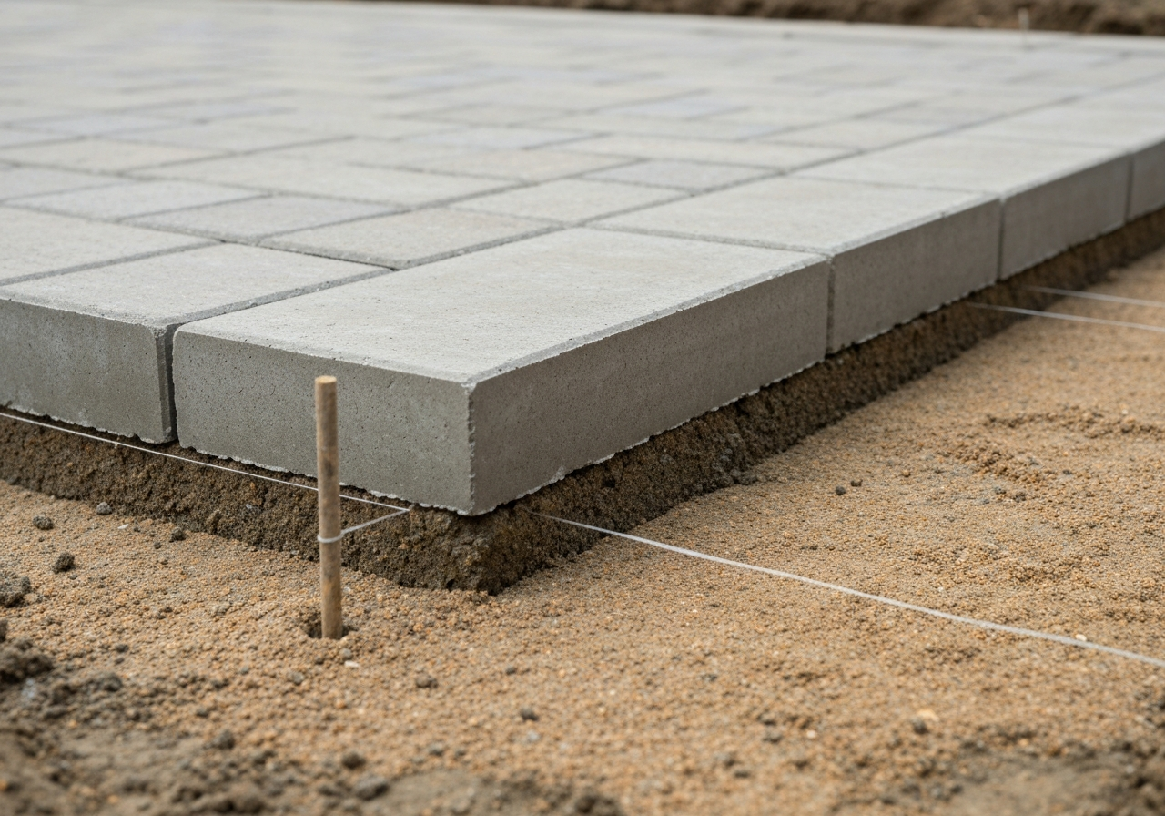 Concrete edge restraint being haunched during block paving install