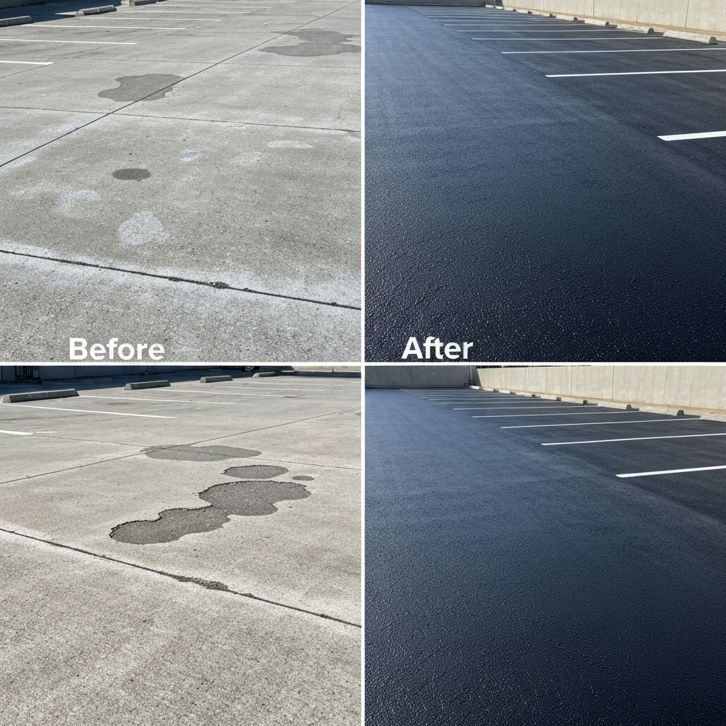 Car park slurry seal before and after — restored black finish — Paddway Roadworks