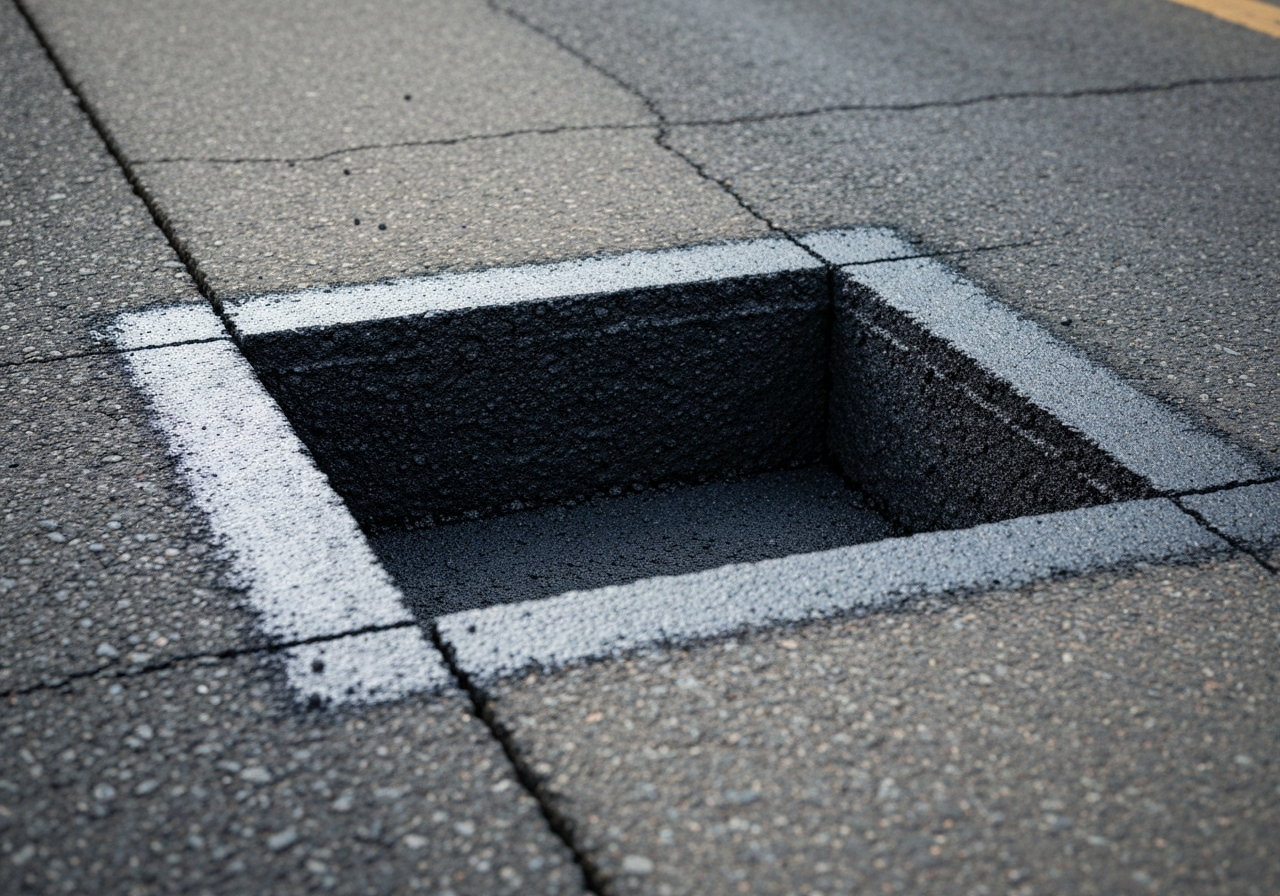 Pothole repair process — cut-out and tack-coat preparation by Paddway Roadworks