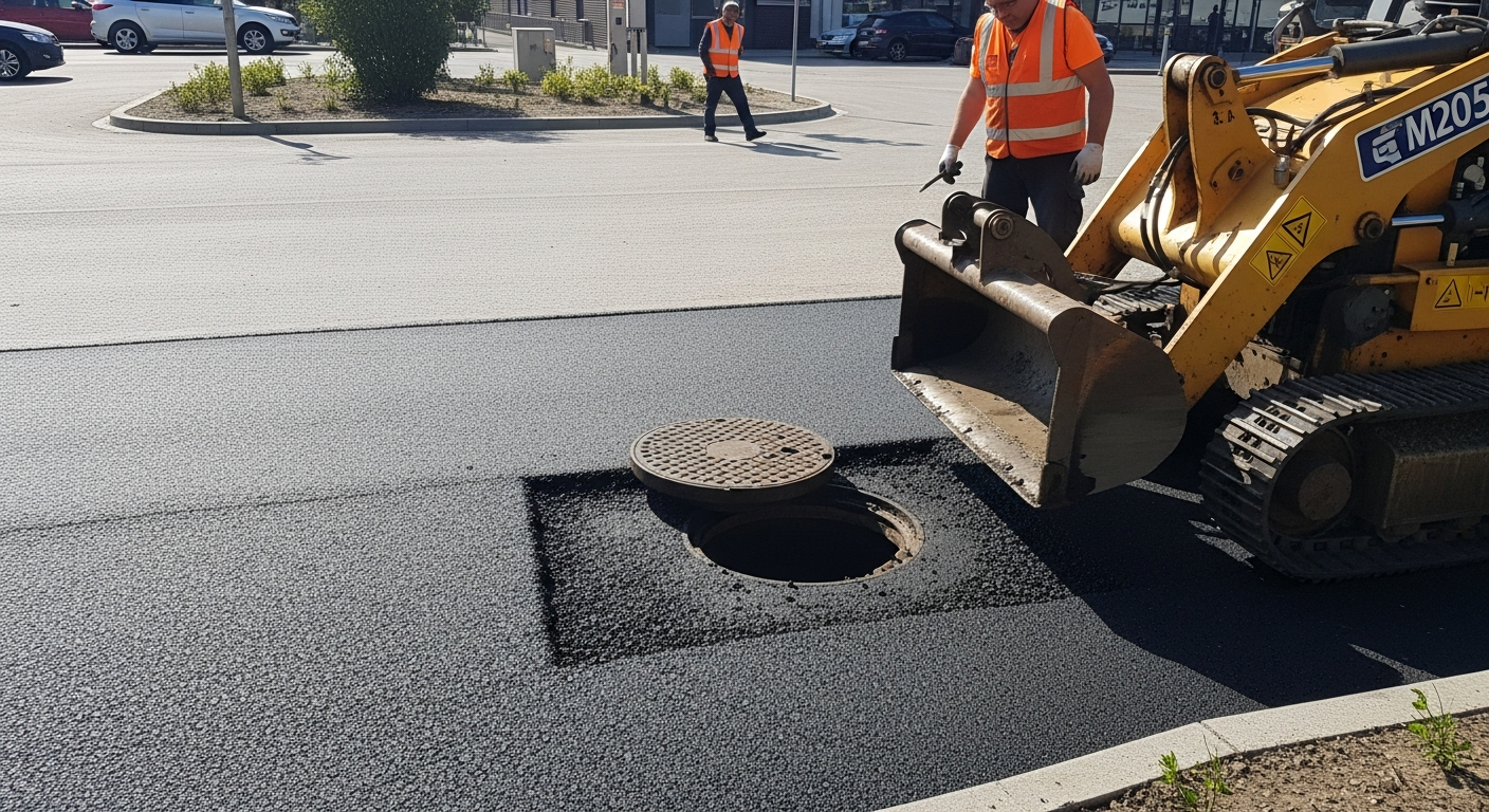 Manhole cover raising on a commercial car park during resurfacing — Paddway Roadworks