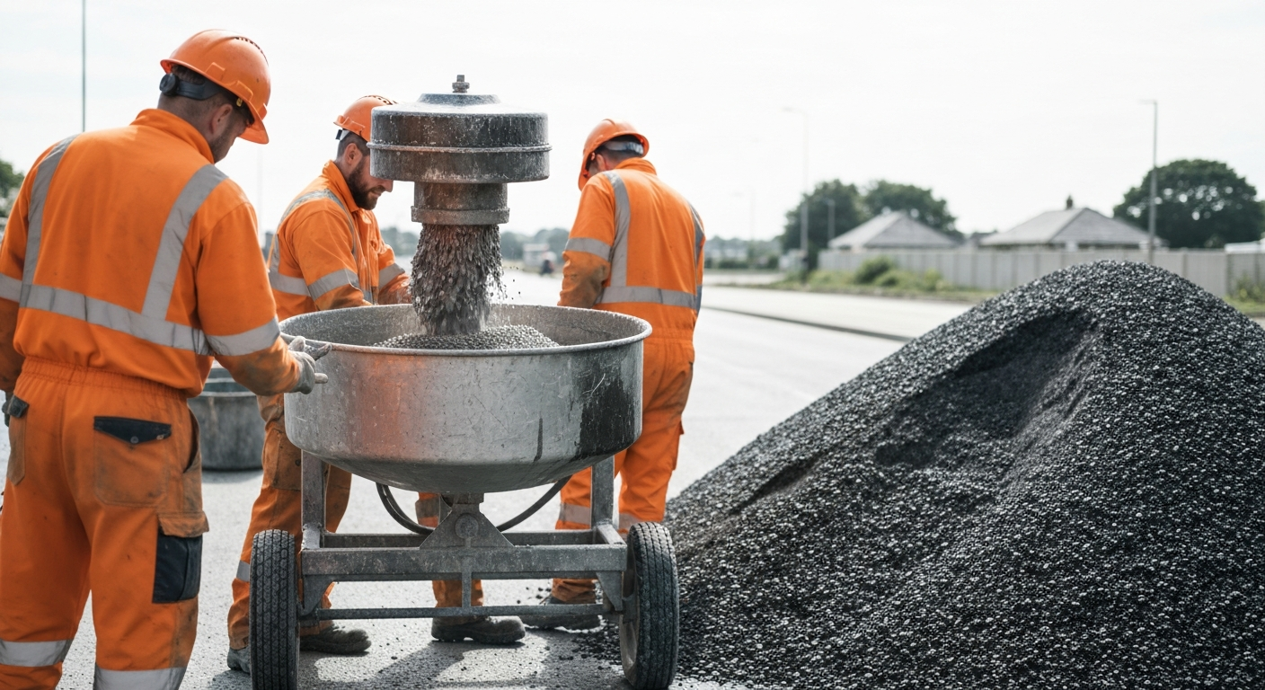 Paddway Roadworks crew mixing resin and aggregate on-site for a driveway install