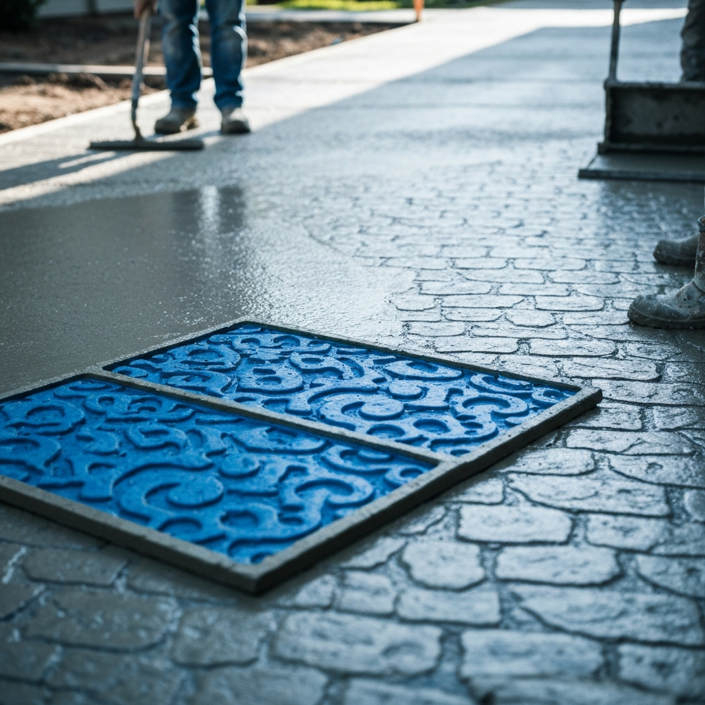 Paddway Roadworks crew imprinting pattern mats into wet concrete on a driveway