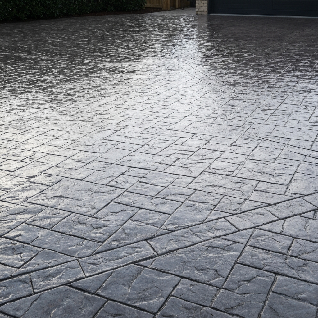 Imprinted concrete driveway after re-sealing and refresh in Mansfield