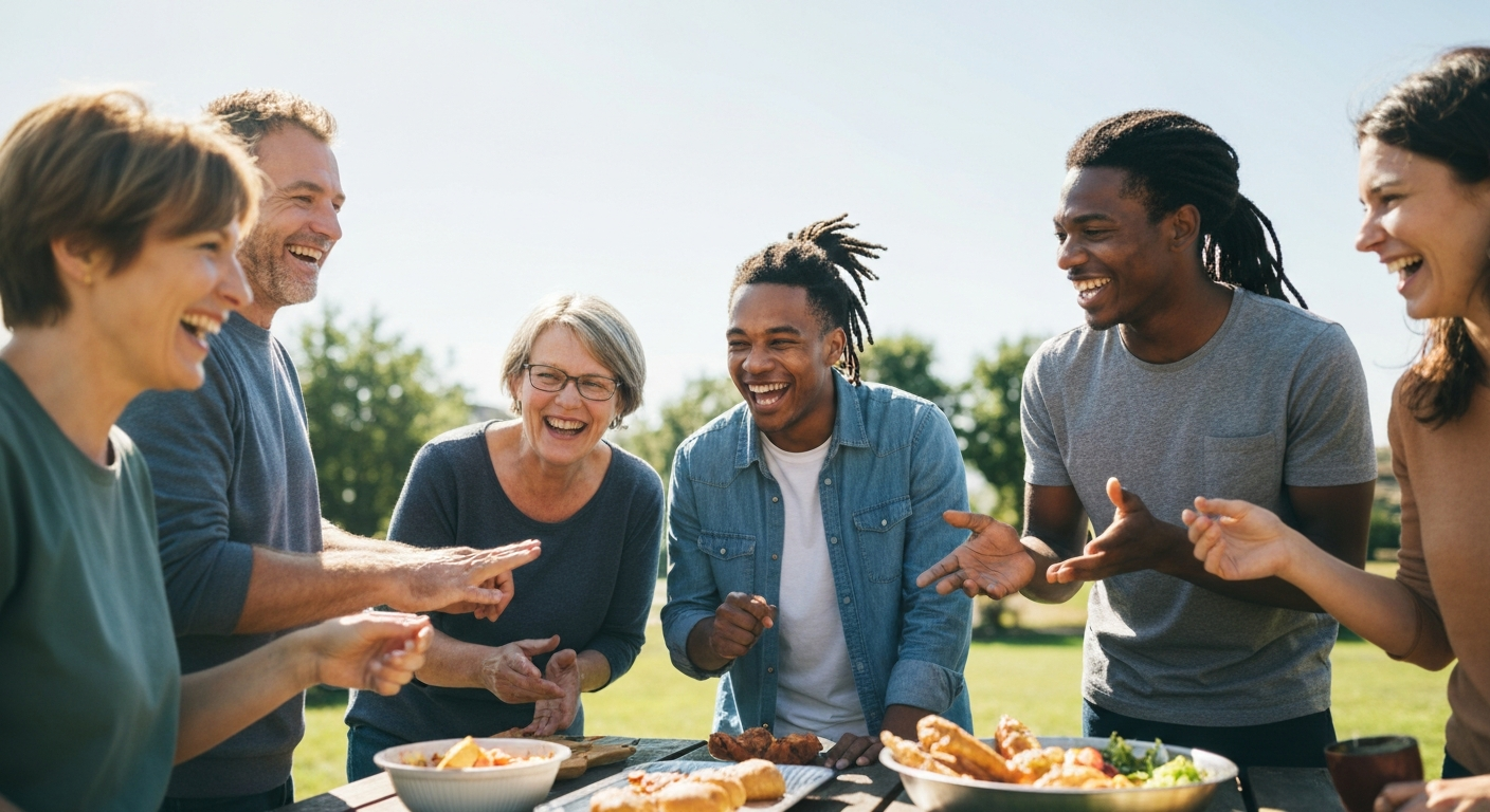 Diverse group of friends having a casual outdoor cookout, laughing and connecting