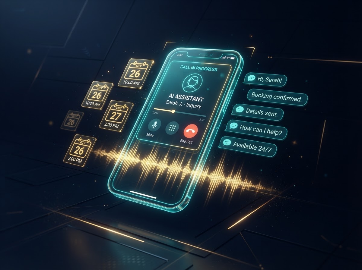 AI receptionist concept — 24/7 AI voice agent answering calls, instant follow-up, and automated appointment booking