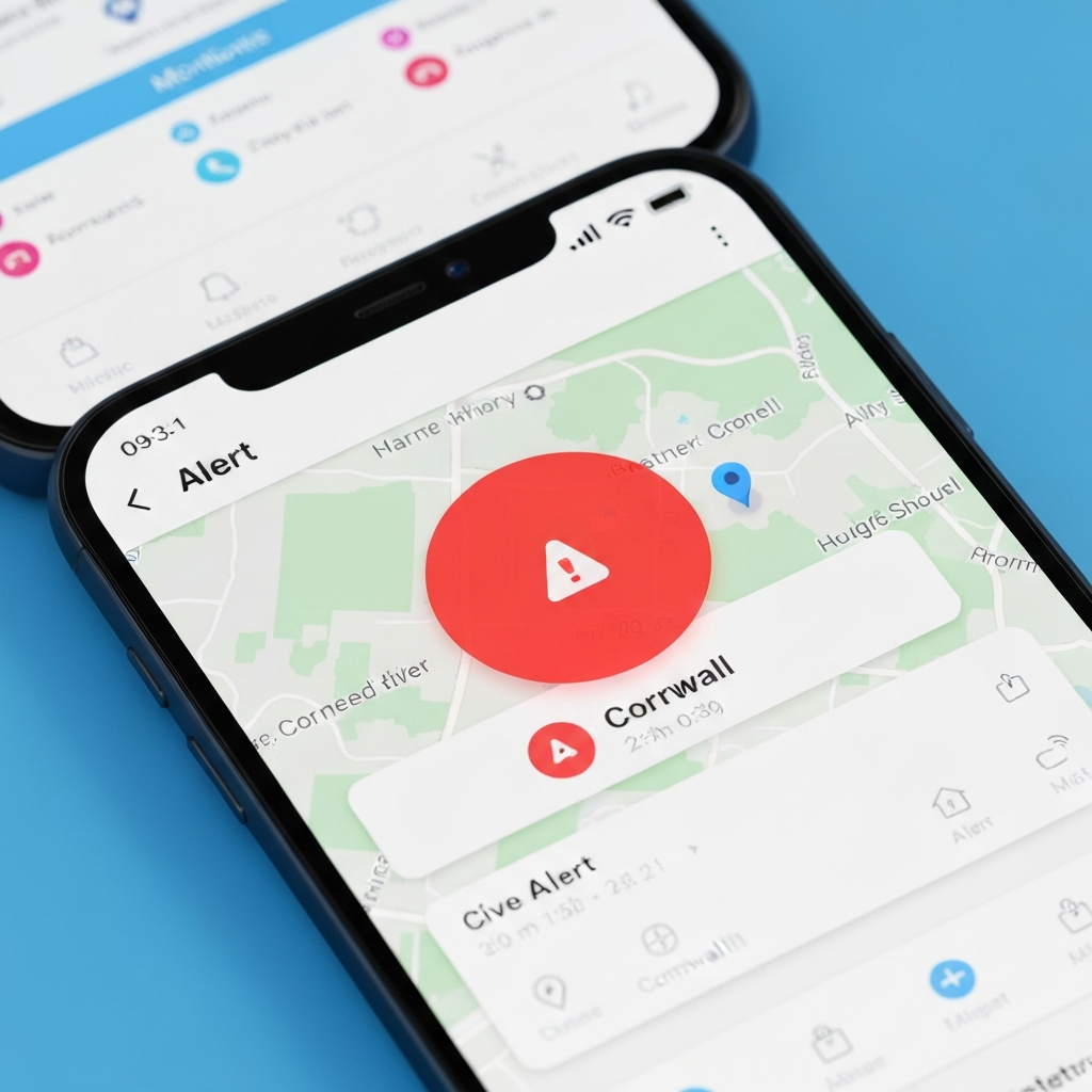 Smartphone alarm monitoring app showing alert from Cornwall property