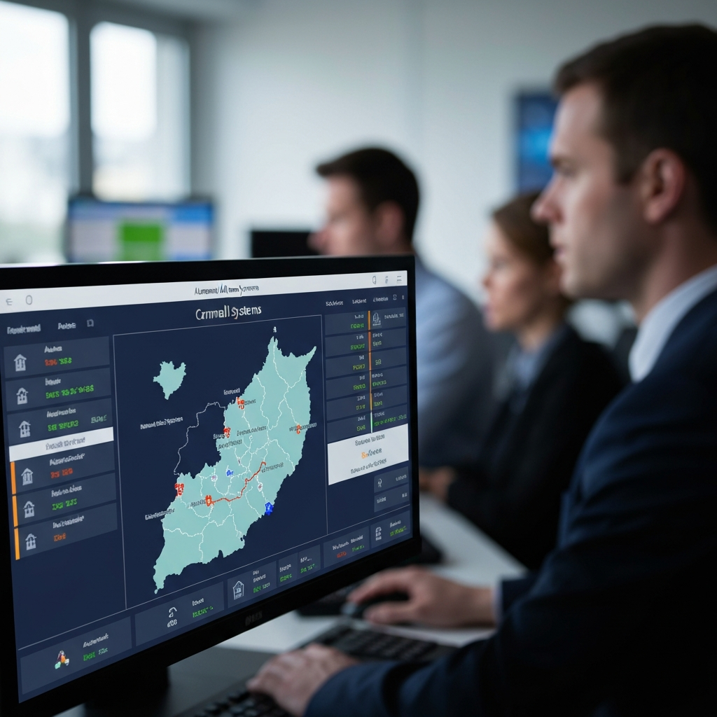 Alarm receiving centre monitoring screen for Cornwall alarm systems