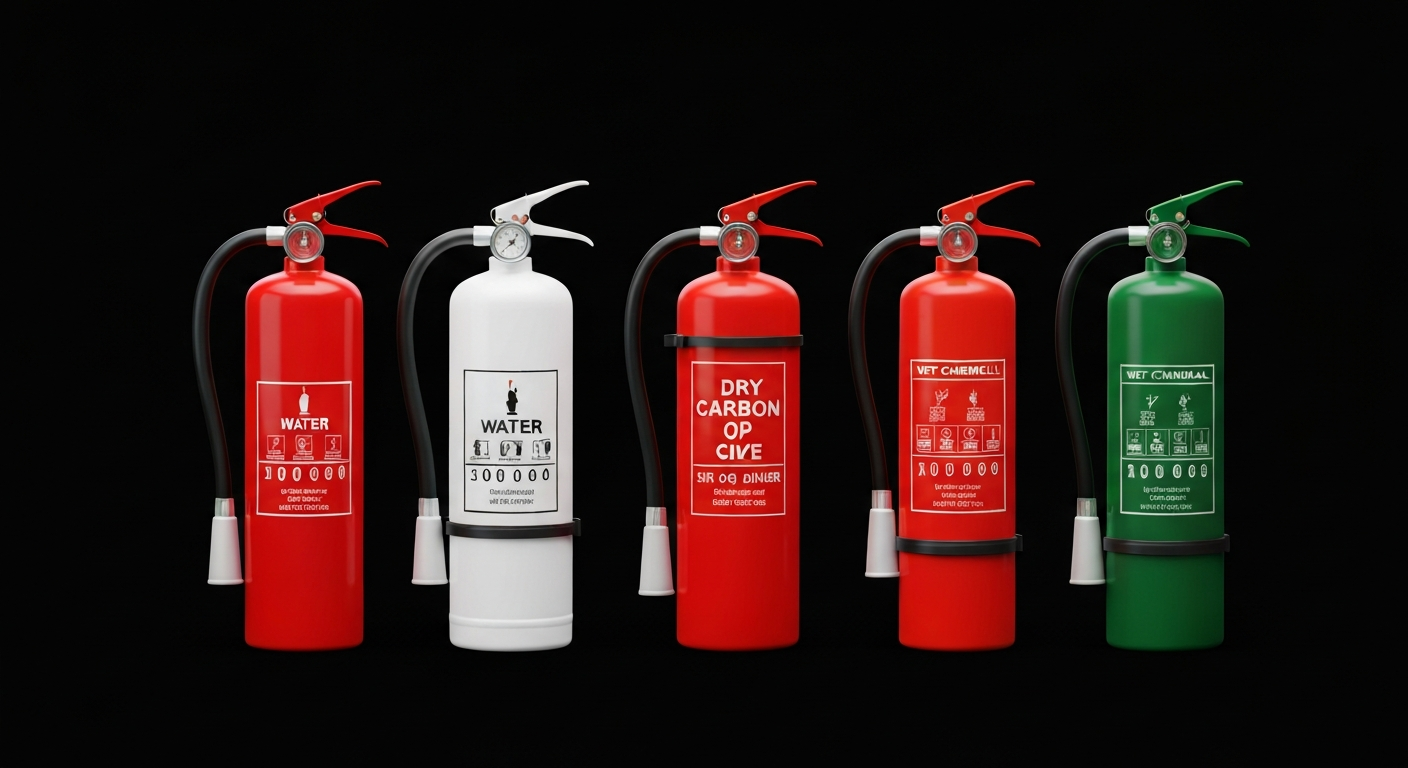 Different types of fire extinguishers water foam CO2 powder wet chemical