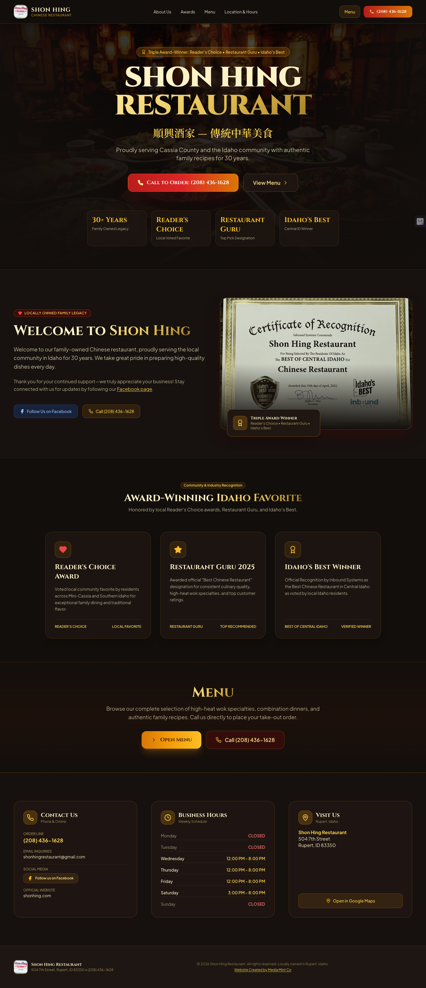 Shon Hing Restaurant website preview
