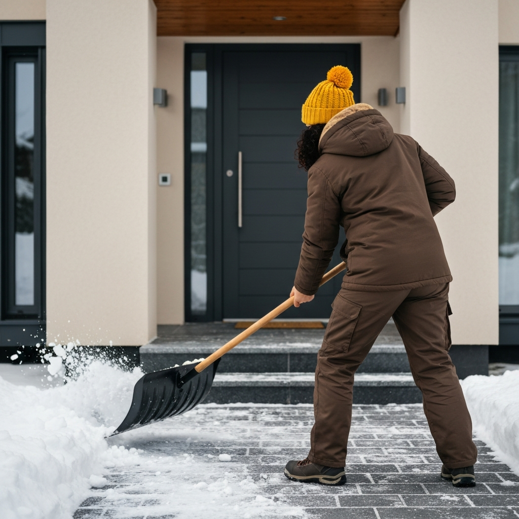 Professional snow shovelling service clearing walkway in Kirkland Lake, Ontario