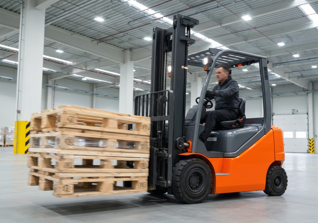 Forklift moving pallet in warehouse