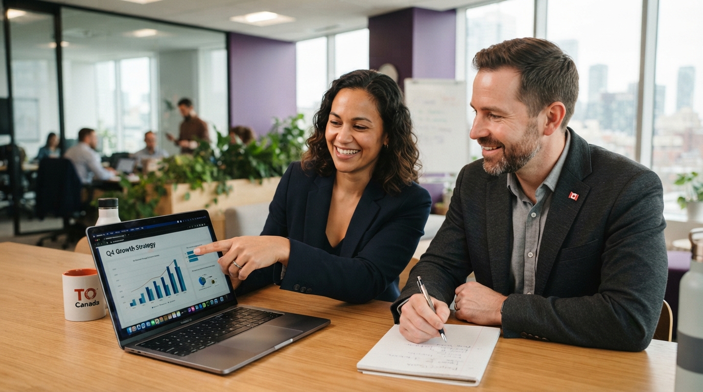 Two friendly Canadian business professionals collaborating and helping each other in a bright modern office