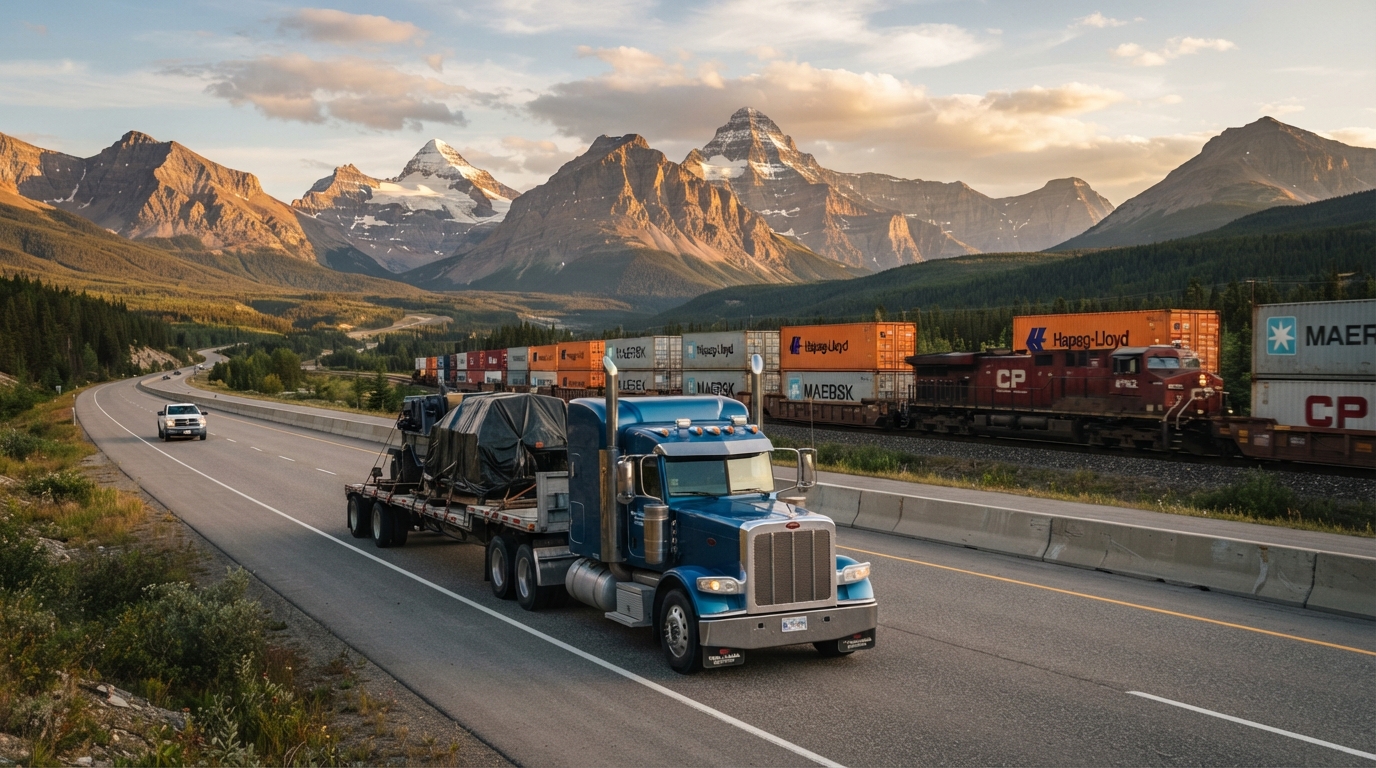 Intermodal rail and specialized flatbed trucking through the Canadian mountains at golden hour